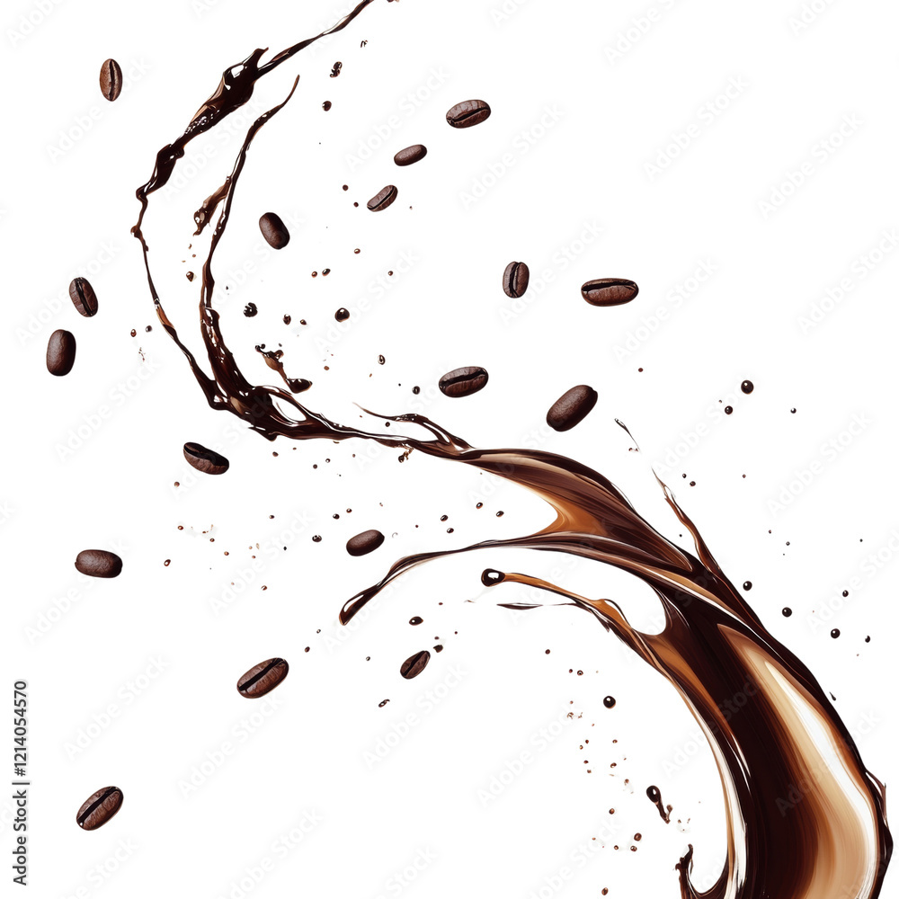 Poster an abstract image depicting a dynamic splash of dark coffee liquid with scattered coffee beans again