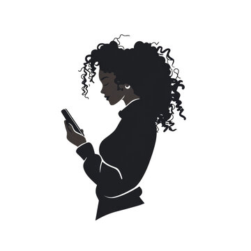 recommend clip art: A stylized silhouette of a Black woman with curly hair looking at her phone.