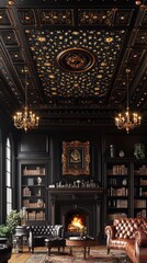 Obraz premium Opulent Study with Intricate Golden Ceiling and Grand Fireplace