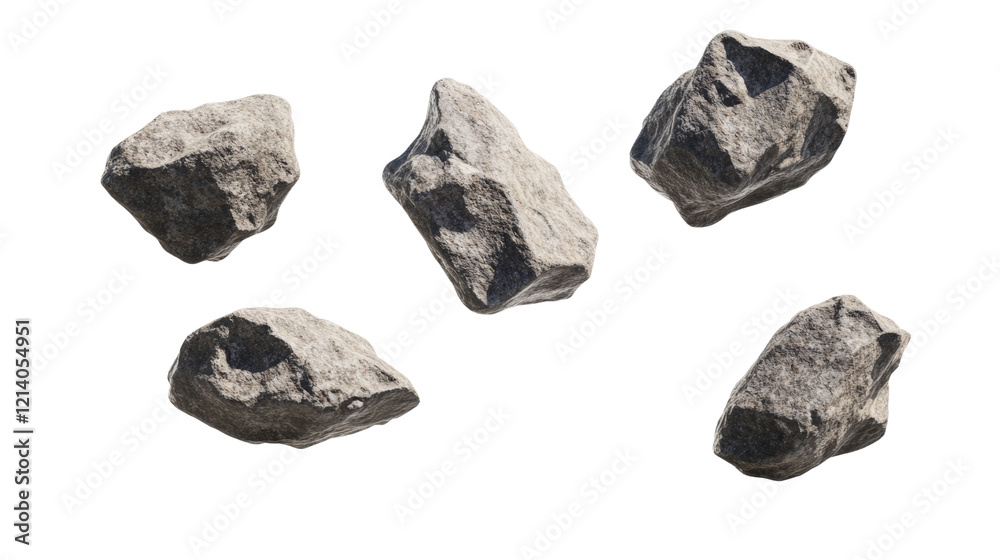Poster the image shows five irregularly shaped grey rocks floating against a black background, possibly rep