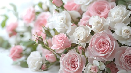 Gorgeous bouquet of delicate and fragrant pink and white rose blossoms in full bloom  Lush romantic and serene floral arrangement for weddings anniversaries Mother s Day Valentine s Day