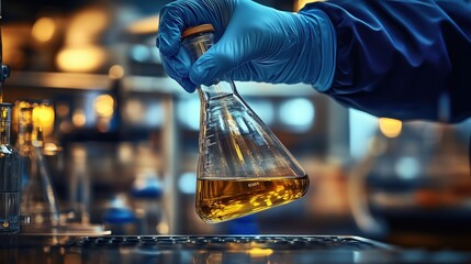 Researcher conducts experiment in laboratory with beaker containing yellow liquid during evening hours