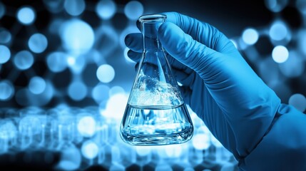 Hand holding a glass flask with glowing liquid in a laboratory setting during nighttime experiments