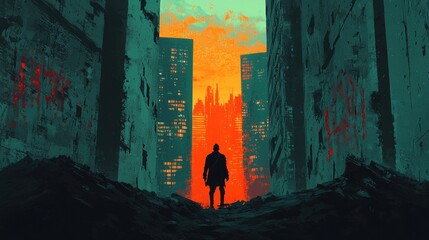 Obraz premium Desolate PostApocalyptic Cityscape A Solitary Figure Amidst Crumbling Ruins and Overgrown Derelicts