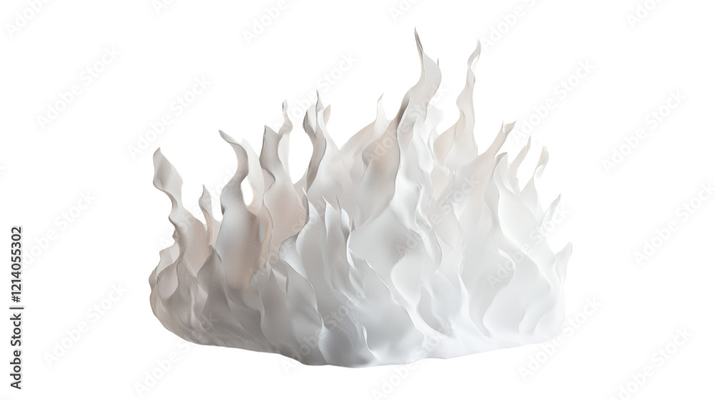 Poster a digitally rendered image depicts a white abstract sculpture resembling a stylized flame or cloud f