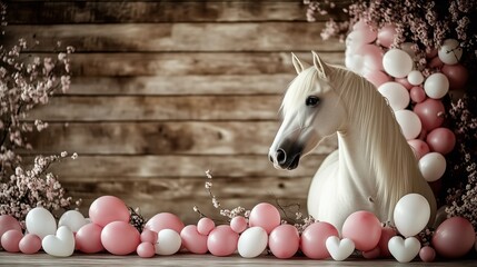 White horse beside pink and white balloons in a rustic wooden setting with floral accents