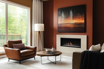A modern living room with brown walls, a leather armchair, and a coffee table in front of the window.