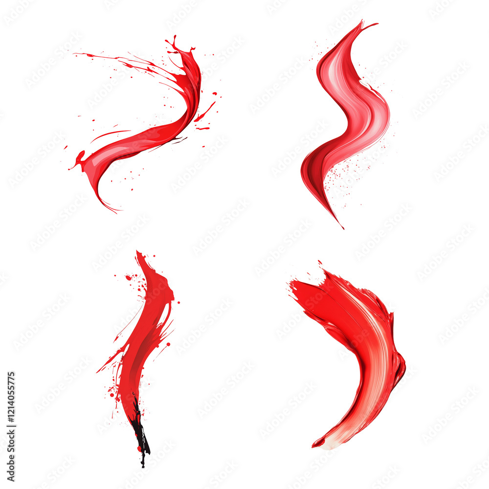Aufkleber The image showcases four distinct abstract red paint splashes with dynamic motion and varying textures against a white background.
