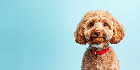 Fototapeta premium Dog playtime routines concept Cute dog holding a treat against a light blue background.