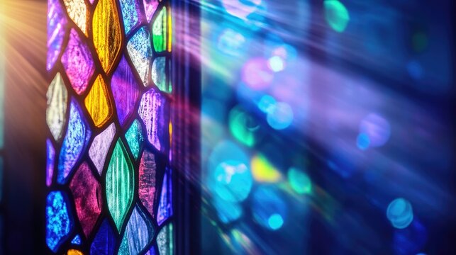 A colorful stained-glass window glowing against a serene blue and purple background, creating a luminous effect