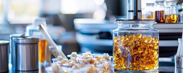Laboratory setup with glass jars and containers filled with golden liquid and solid material