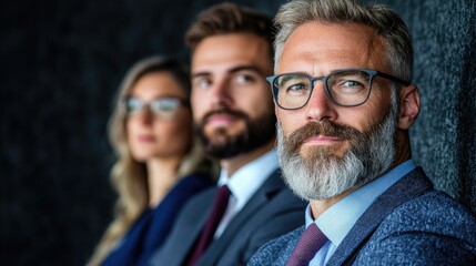 Obraz premium Confident business team portrait, urban backdrop, leadership