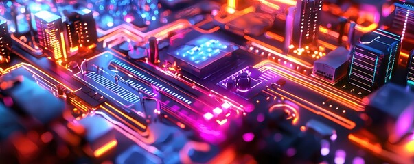 Glowing Circuit Board Cityscape with Neon Lines and Bokeh Lights in a Futuristic Style