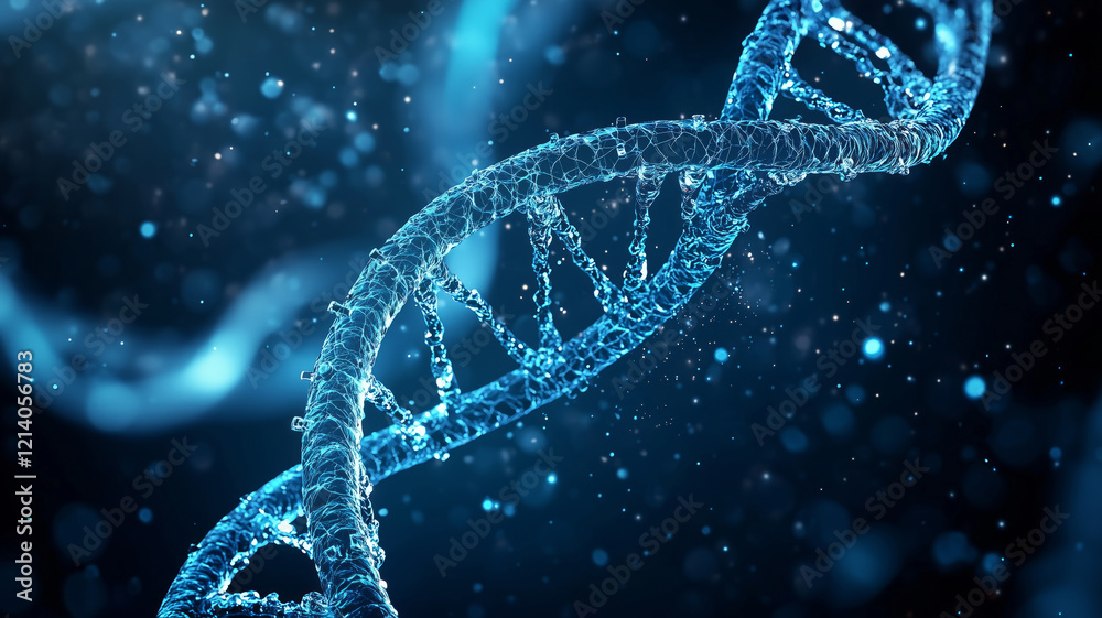 Poster dna close-up on dark blue background. view under the microscope. generative ai