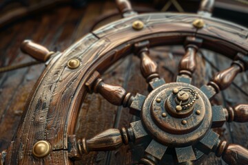 Old ship steering wheel resting on a wooden surface, showing the intricate details of craftsmanship