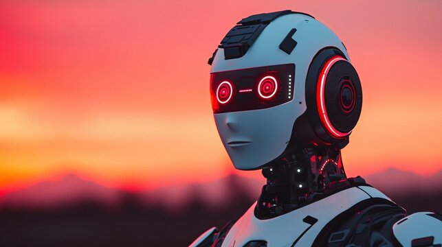 Futuristic Robot at Sunset AI Technology and Artificial Intelligence Concept