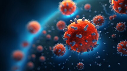 Virus particles multiply and spread in a colorful microscopic view of an infection