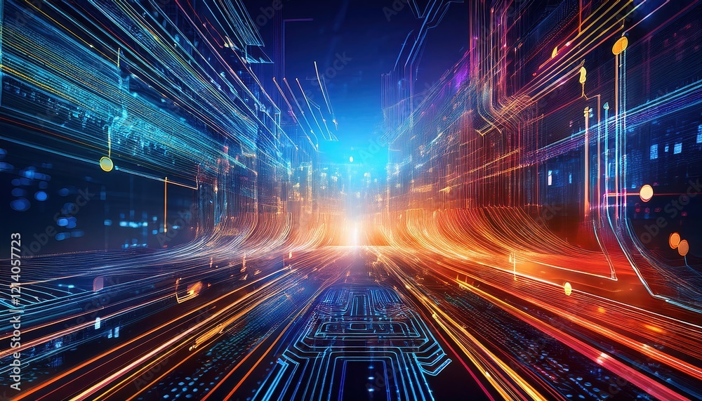 Poster futuristic technology background featuring glowing data streams and circuit patterns