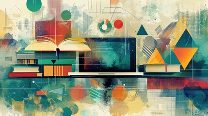 An abstract design of online learning, featuring geometric shapes, laptops, and books in a digital environment.