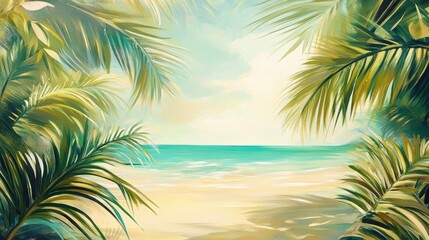 Fototapeta premium Tropical Beach Scene Painting with Lush Palm Trees, Turquoise Ocean, and Soft Sunlight.