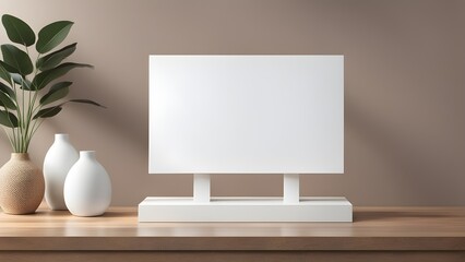 Blank white tabletop sign mockup with minimalist decor on a wooden surface against a neutral background.
