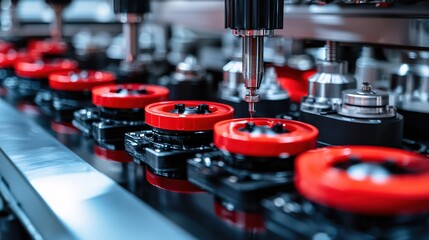 Naklejka premium Precision Automated Machine With Red Elements In Industrial Setting With Metal Components