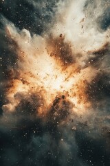 Cosmic Explosion A Stunning View of a Nebula with Golden Glow and Scattered Debris in Starry Space.