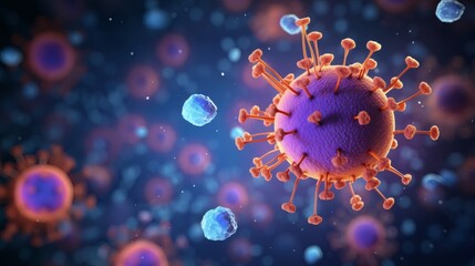 Colorful depiction of virus structure with immune cells in microscopic environment