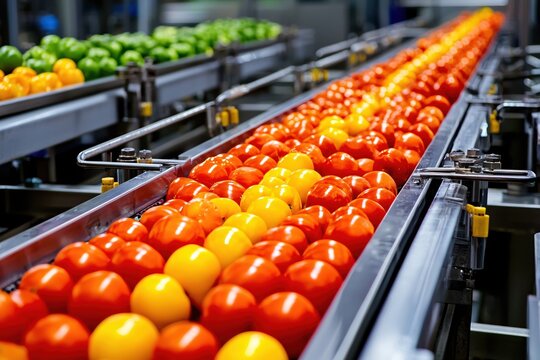 Tomatoes and peppers on conveyor belt in food processing factory with industrial machinery