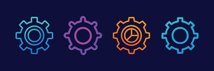 Gradient vector gear icons. Gradient outline icons for tech, engineering, and machinery themes