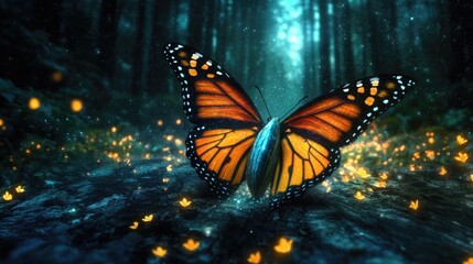 Obraz premium Butterfly's Flight in Dark Forest