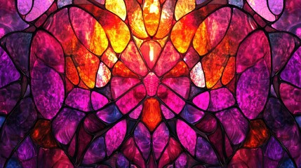 A glowing abstract pink stained glass pattern, radiating with vibrant colors and dynamic shapes