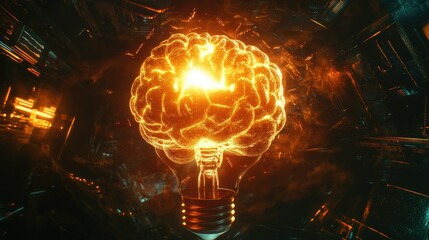 A glowing light bulb merging with a human brain, surrounded by abstract AI elements in a futuristic design