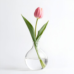 Single pink tulip in a clear glass vase against a white background. Minimalist floral arrangement.