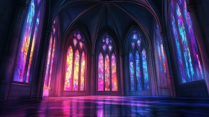 Obraz premium A gothic cathedral interior illuminated by colorful stained-glass windows, with arched ceilings creating a dramatic ambiance