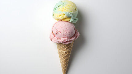 Double scoop ice cream cone with pastel pink and yellow-green scoops. Sweet summer treat!