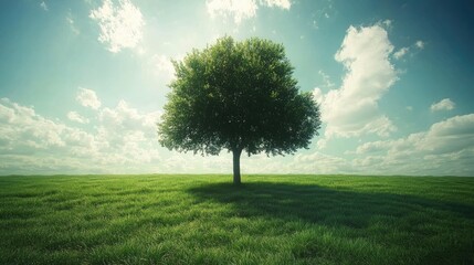 Obraz premium A lone tree stands in a sprawling green field, framed by a pristine, sunny sky, capturing nature simplicity.