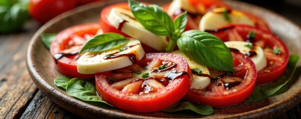 Sliced tomatoes, mozzarella, basil, balsamic glaze, slices, vibrant