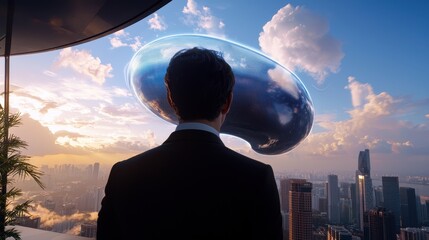Futuristic businessman observing sci-fi city skyline with floating globe urban environment inspirational perspective