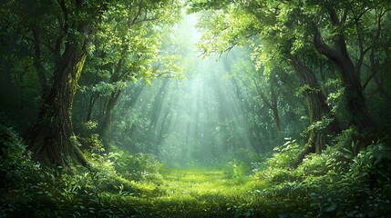 Ethereal sunlight beams through the lush verdant canopy of a serene forest casting a magical dreamlike glow upon the woodland path below  This tranquil