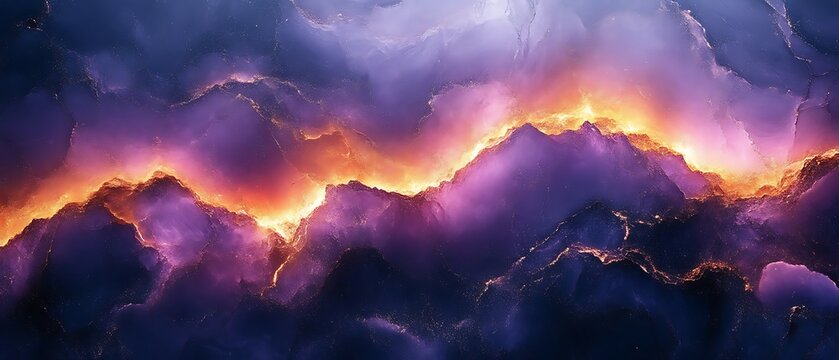 Fiery, purple, and blue nebula mountains.