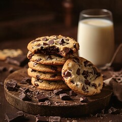 Fototapeta premium Freshly Baked Chocolate Chip Cookies with a Glass of Milk – A Classic Comfort Treat