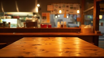 Fototapeta premium Empty wooden table in a warm, dimly lit restaurant.