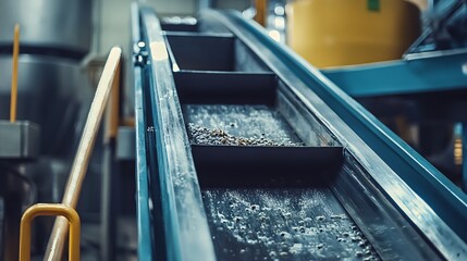Obraz premium Conveyor belt with small rocks moving through a factory in a blue and yellow industrial setting