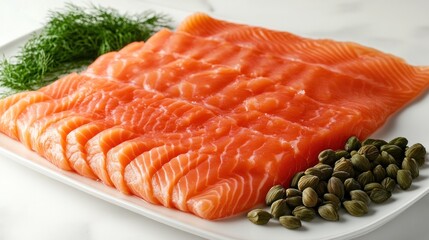 Sliced salmon appetizer, dill, capers, marble
