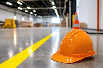 Orange hard hat on warehouse floor with yellow line and blurred background of industrial space