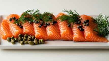 Sliced salmon, capers, dill, platter, white background, food photography, recipe