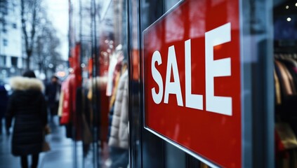 A red and white "SALE" sign in the window of an outdoor store, with customers walking past on both sides.