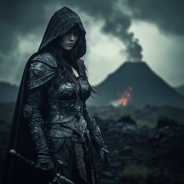 A mysterious warrior, dressed in a cloak, cape, and leather armor, prepares to unsheathe her sword as a threat draws near. 3D rendering.