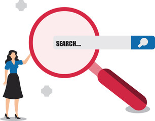 Find new job or explore website concept, looking for job vacancies, browse the internet to get information, search concept, woman looking for job information in the search box using magnifying glass